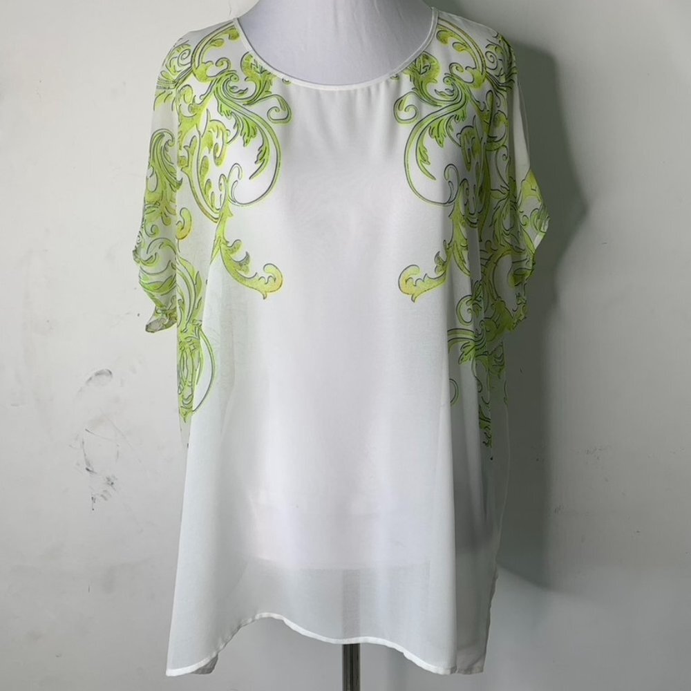 Clover Canyon Women's White Green Scoop Neck Sheer Oversize Blouse Size XS